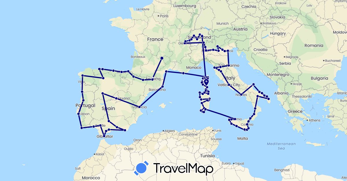 TravelMap itinerary: driving in Andorra, Switzerland, Spain, France, Italy, Portugal, San Marino (Europe)